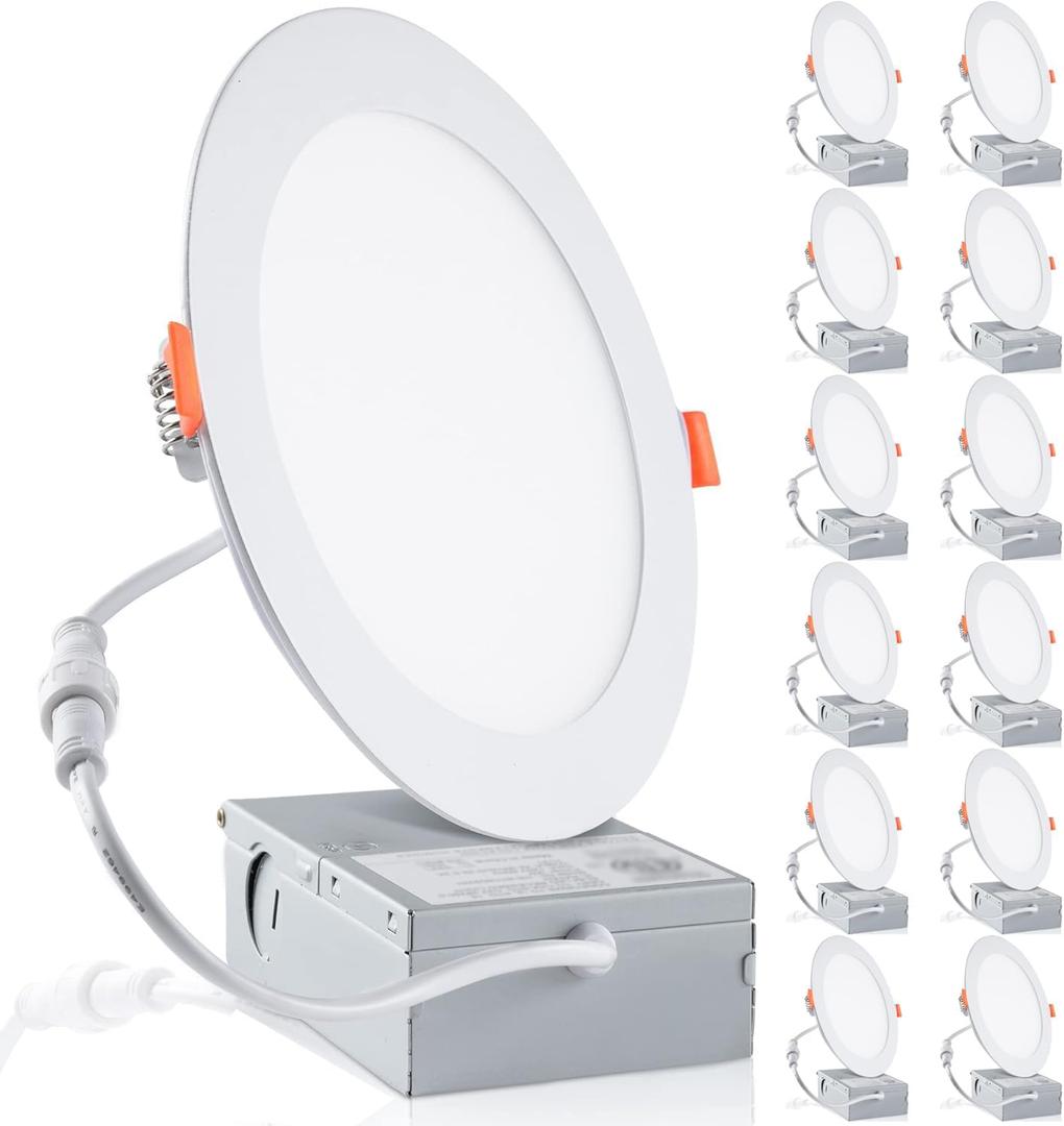12-Pack 6 Inch LED Recessed Lights 6500K Daylight Ultra-Thin Canless Wafer Downlight with Junction Box, 12W 1050LM Ceiling Lights for Kitchen Living Room Hallway Office&FCC