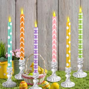 Honoson 6 Pcs Easter Flameless Taper Candles 10.6 Inch Colorful Candles Battery Operated LED Candlesticks for Easter Dinner Table Home Party Decor