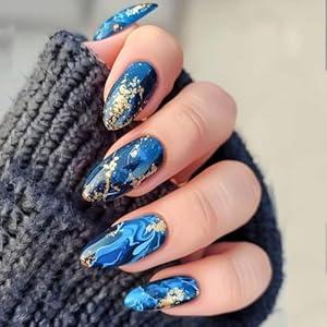 RUOKEXIN Blue Almond Press on Nails Medium Fake Nails Gold Glitter False Nails with Blue Ombre Designs Full Cover Glue on Nails Sparkly Artificial Nails Cute Stick on Nails for Women 24Pcs