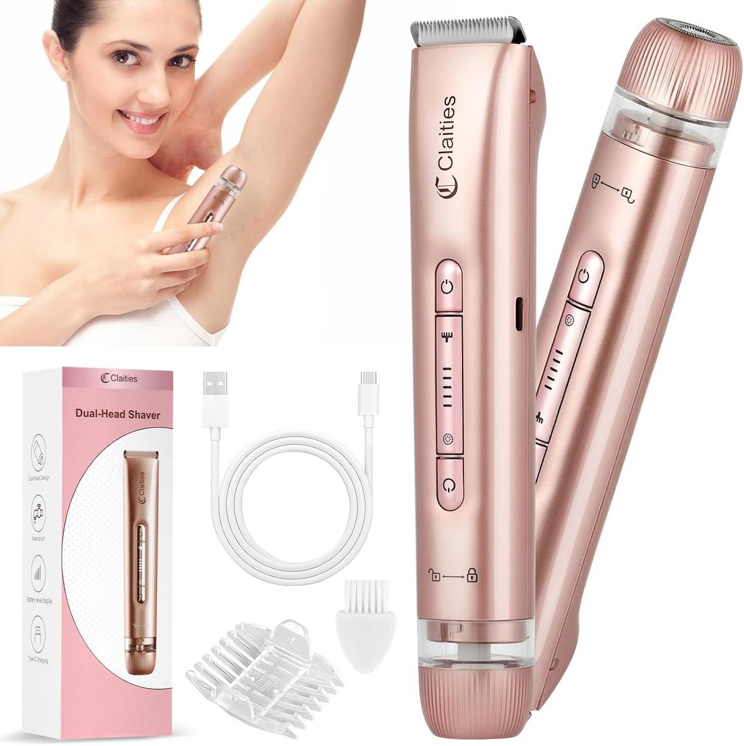 2 in 1 Women Electric Shaver Dual Head Bikini Trimmer for Women IPX7 Waterproof Wet & Dry Use Body Hair Trimmer and Facial Hair Remover for Bikini Underarm Leg Arm Body Face (Gold)