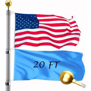 20FT Telescopic Flag Pole Kit: Extra Thick Aluminum Outdoor Flagpole, Silver Heavy Duty Flag Poles for Outside House with 3x5 American Flag