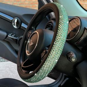 PINCTROT Large Size Bling Comfy Steering Wheel Cover with Jumbo Crystal Rhinestones, Anti-Slip Diamond Leather, 15.5-15.75 Inch (Light Green)