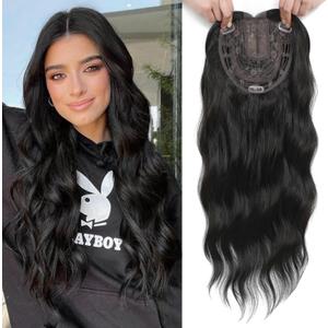 Long Black Wavy Hair Topper with 7"X7" Large Base For Women, Wiglets Central Lace Clip In Hairpieces for Crown Thinning Hair,20inch