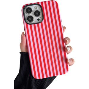 Compatible with iPhone 15 Pro Case Cute Aesthetic Striped Phone Case for Women Girl Shockproof Slim TPU and Hard PC Protective Cover (Pink and Red)