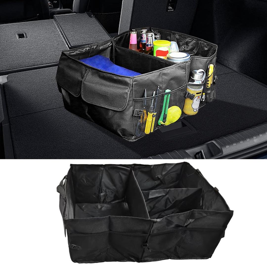 Car Trunk Organizer with Multi-Compartment, Waterproof Oxford Cloth Foldable Cargo Storage Box, Portable Auto Organization for Cars SUVs Trucks (Black)