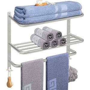 NearMoon Bathroom Towel Rack, 3-Tier Towel Holder with Hooks, SUS304 Stainless Steel Towel Hanger, Wall Mounted Towel Shelf Storage, Bathroom Accessories (22 Inch, Brushed Nickel)