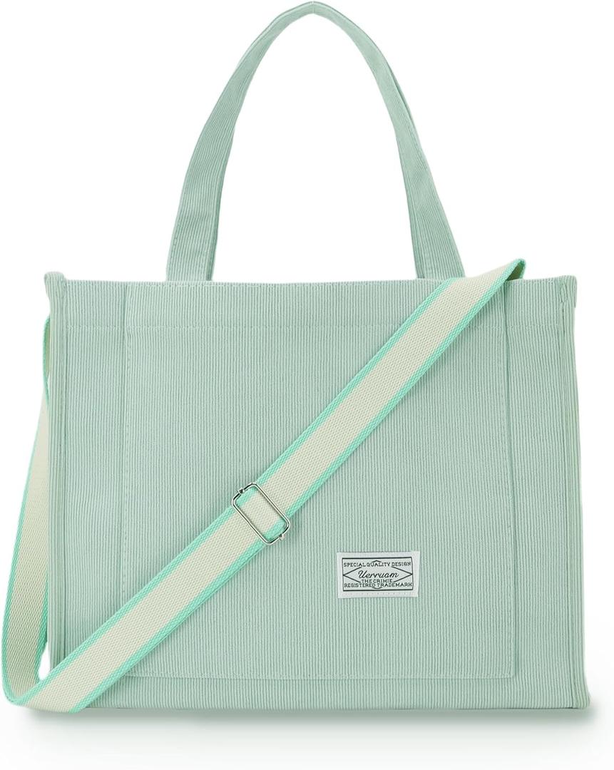 UERRUAM Corduroy Tote Bag for Women Work Crossbody Purse for Everyday,College,Travel,Lightweight Handbag Adjustable Strap (Medium, Mint Julep)