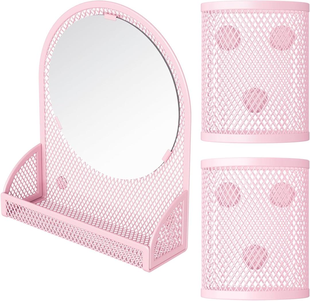 Locker Mirror Magnetic with 2 Magnetic Pen Holders, Pink Locker Accessories for Girls, Locker Organizer for Work, for School Locker Decor, Gym Locker, Fridge