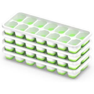 Ice Cube Tray with Lid, 4 Packs 56 Cubes Durable Stackable Ice Cube Trays for Freezer with Removable Lids, Easy-Release Plastic & Silicone Ice Tray for Cocktail, Coffee (Green)