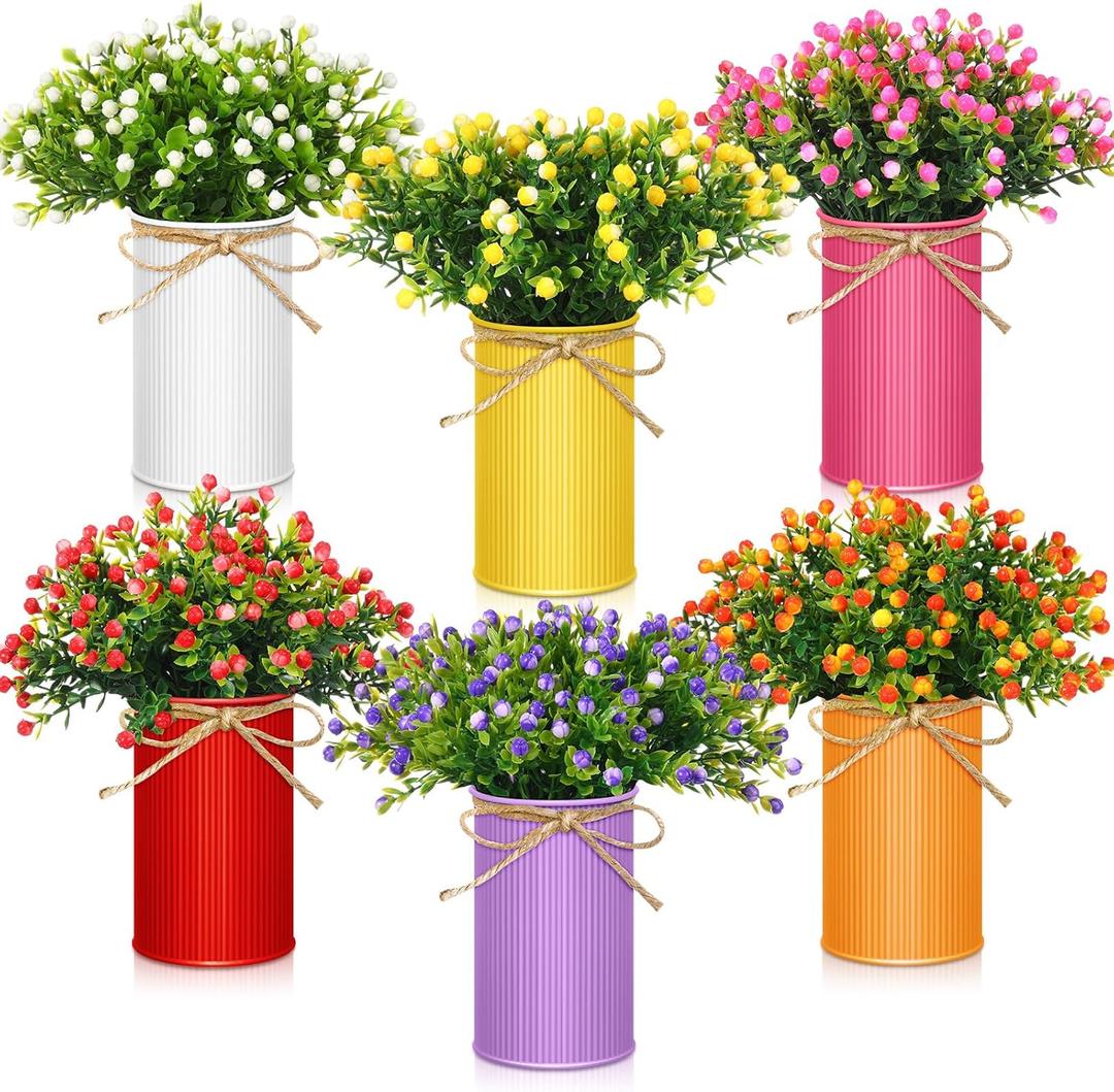 Maxdot 6 Sets Spring Centerpiece for Table Artificial Milan Flower with Metal Pots Colorful Faux Milan Floral Arrangements for Dining Table Kitchen Counter Home Wedding Decor (Retro)
