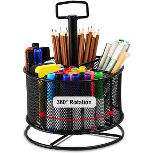 Marbrasse Mesh Desk Organizer, 360-Degree Rotating Multi-Functional Pen Holder, 4 Compartments Desktop Stationary Organizer, Home Office Art Supply Storage Box Caddy (Black)