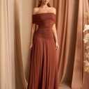 URYIAO Off The Shoulder Maxi Dress for Women Summer Ruched Bodycon Pleated Flowy Formal Wedding Guest Long Dresses (Brown, S)