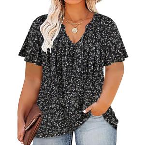 RITERA Plus Size Blouse for Women V Neck Short Sleeve Tops Pullover Flower Pattern Shirts Oversize Tunic 12W-28W Xl-5Xl (1X, Y311-black Flower2,3XL)