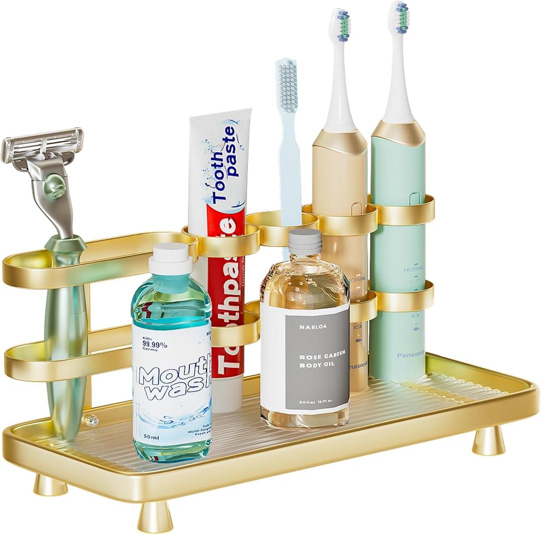 YOOLENS Electric Toothbrush Holder for Bathroom Countertop 5 Metal Slots Toothpaste Razor Mouthwash Organizer, Gold