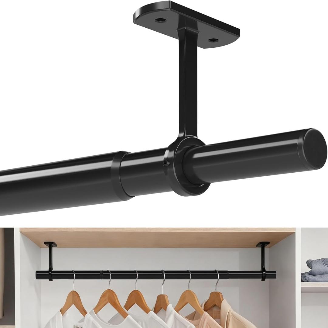 Closet Rods for Hanging Clothes Ceiling or Wall Mounted, 17-95 Inch Closet Rod Heavy-Duty Stepless Telescopic Clothes Hanging Rod for Closet Kitchen Laundry Room Living Room Balcony (Black)