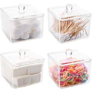 4 Pack Swabs Dispenser Holder, 15 Oz Clear Acrylic Canister Set, Modern Square Bathroom Vanity Countertop Storage Organizer for Cotton Ball, Cotton Swab, Cottons Rounds, Bath Salts
