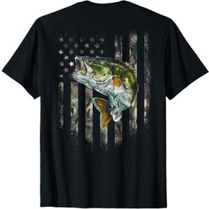 (Art on Back) American Flag Camo Bass Fish Fishing T-Shirt, Size Small