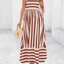 PRETTYGARDEN Womens Boho Floral Striped Summer Maxi Dresses Spaghetti Strap, Striped White Red Brown (M)