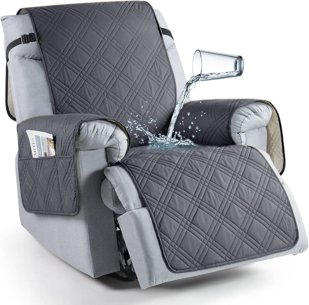 TAOCOCO 100% Waterproof Recliner Chair Cover, Non Slip Recliner Covers for Recliner Chair with Pocket, Washable Reclining Chair Cover Furniture Protector for Kids, Pets(23.6'', Dark Grey)