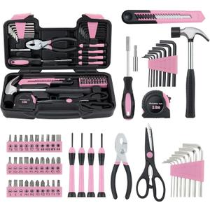 MARTCOLOR 58 Piece Household Tool Set, General Household Hand Tool Kit with Plastic Toolbox Storage Case, All Purpose Household Tool Kit for Women, Girls and Ladies, Pink
