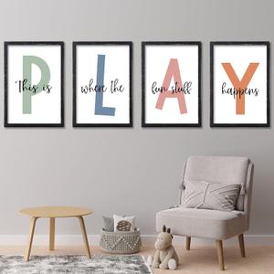 Playroom Wall Art Decor This Is Where The Fun Stuff Happens Sign Colorful Letters Decor 4 Piece 16"11" for Toddler Modren Nursery Children Prints Small Wood Framed Wall Hanging (Black)