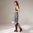 ISNOM Knee High Boots Women Chunky Low Heel Square Toe Elastic Boots Side Zipper Faux Leather Fall Long Tall Boot (7.5, Burgundy-block Heels)