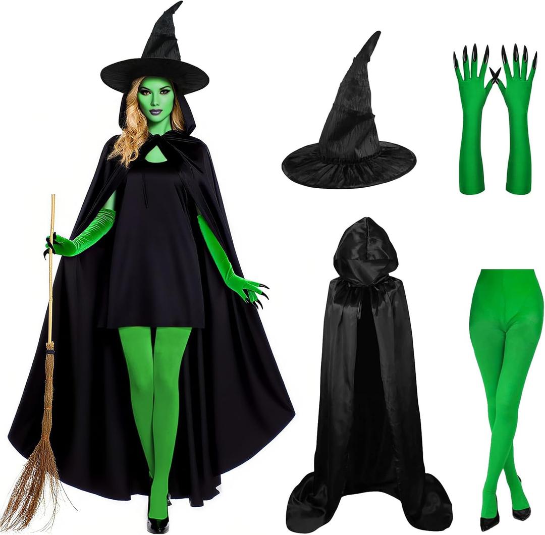 Witch Costume for Women Halloween Cosplay with Hooded Cape Witch Hat Gloves Socks Cosplay Props Party Outfits (Medium)