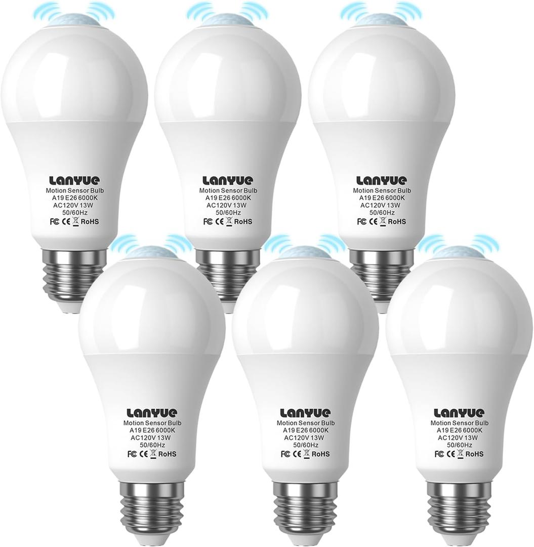 Motion Sensor Light Bulb,Activated Detector Light Bulb Indoor,Dusk to Dawn Security Bulb,13W Equivalent 100W,E26 Base 6000K Daylight,6 Packs (LY-A19H001)