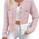 SKAYS Womens Tweed Plaid Cardigan Blazer Dressy Casual Button Front Cardigan Crew Neck Long Sleeve Texture Knit Jackets, S