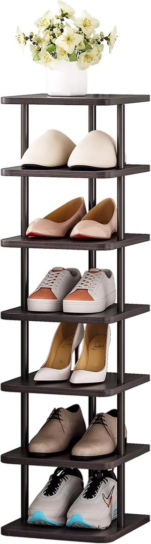 SORCEDAS 7 Tiers Vertical Shoe Rack Wooden Shoe Storage Organizer for Space Saving Narrow Shoe Shelf Storage 7 Pairs for Entryway Living Room Bedroom(Black + Rustic Dark Brown)