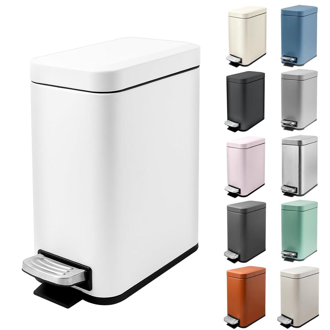 1.3 Gallon Slim Small Trash Can with Lid Soft Close, Stainless Steel Garbage Can for Bathroom Bedroom Office, Rectangular Step Trash Bin with Removable Inner Waste Basket (White)