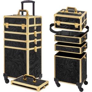 Rolling Makeup Case, Makeup Train Case with Lid, 5 in 1 Cosmetology Case on Wheels, Christmas Gift, Large Makeup Organizers, Proffesional Cosmetic Case for Salon Barber, Pattern Black Gold (4 layers)