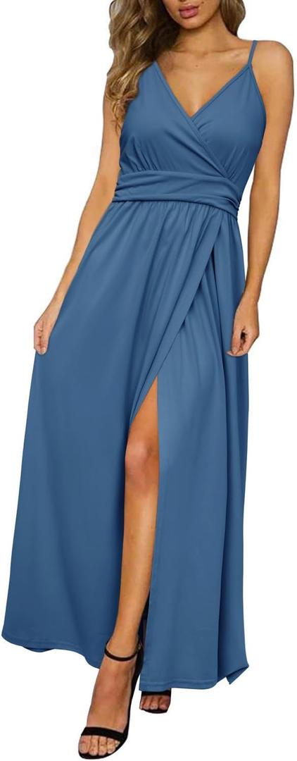 Newshows Women Summer 2025 Maxi Dress Vacation Floral Spaghetti Strap Spring Casual Boho Split Beach Long Flowy Sundress (Large, Grey Blue)