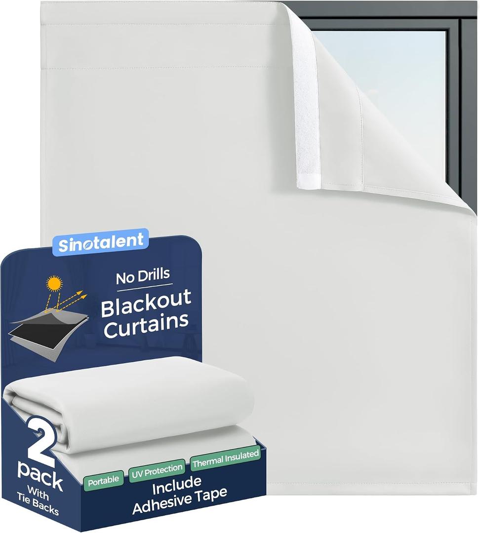 Adhesive Blackout Curtains for Bedroom 36 Inch Long 2 Panels | No Drill Window Blinds, Thermal Insulated UV Protection, Light Blocking Drapes. Greyish White 29"W x 36"L