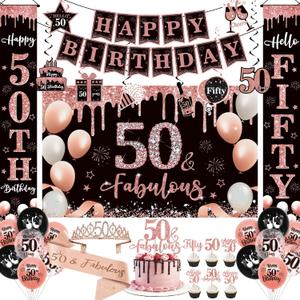 50th Birthday Party Decorations Kit, Happy 50th and Fabulous Birthday Decorations Set Crown and Sash,59Pcs Rose Gold and Black Gifts for Women PRE-ASSEMBLED