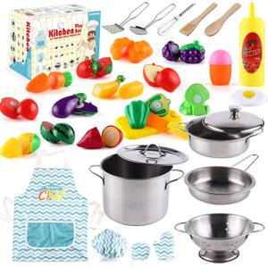 35 Pcs Kitchen Pretend Play Accessories Toys,Cooking Set with Stainless Steel Cookware Pots and Pans Set,Cooking Utensils,Apron,Chef Hat,and Cutting Play Food for Kids,Educational Learning Tool, child-size