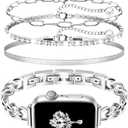 Slim Silver Band and 3Pc Bracelet Set Women Feminine Elegant Compatible with Apple Watch 42mm 44mm 45mm 46mm 49mm Adjustable Metal Strap Dressy Chain for iWatch Series 10/9/8/7/6/5/4/3/2/1/SE/Ultra1 2