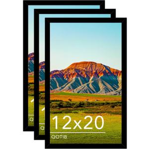 12x20 Picture Frame Black for Wall Mounting Set of 3, Horizontal and Vertical Formats for Wall Hanging, Wood 12x20 Frame, Black, 3 Pack