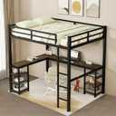 Full Size Loft Bed Frame with Desk and Storage Shelves, Heavy Duty Metal Loft Bed with L-Shaped Desk and Ladder, Full Size Loft Beds for Kids, Teens, Adult, Black