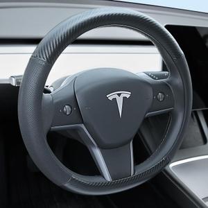 Carbon Fiber Leather Steering Wheel Cover for Tesla Model 3/Y 2016-2025 2026 Juniper/Highland, Non-Slip Breathable Steering Wheel Protector for Tesla Model 3/Y Accessories 2026