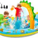 SULIFEEL Dinosaurs Inflatable Play Center Kiddie Pool with Slide and Sprinkler for Children, 96''x59''x39'' Baby Pool for Backyard and Garden, Free Inflatable Pump
