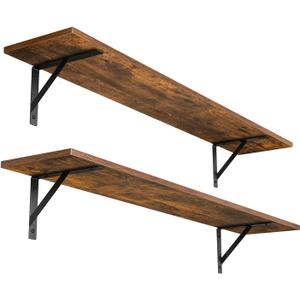 DINZI LVJ Long Wall Shelves, 39.4Inch Wall Mounted Shelves Set of 2, Easy-to-Install, Wall Storage Ledges with Sturdy Metal Brackets for Living Room, Bathroom, Bedroom, Kitchen, Rustic Brown (39.4 Inch)