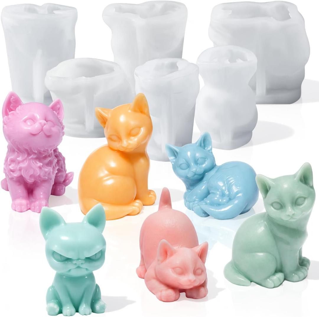 Gerrii 6 Pcs Cat Silicone Molds Mini 3D Cat Animal Resin Candle Soap Molds for Home Ornament Mold Cute Kitten Candle Mold for Soap Soy Wax DIY Handcraft Gift Wedding Party Car Decoration