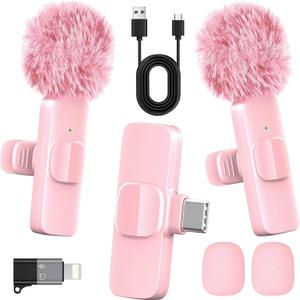 Pink Wireless Lavalier Microphone for iPhone & Android - Mini Clip-On Mic with Noise Cancellation, 65ft Range, 8H Battery, USB-C/Lightning - for TikTok, YouTube, Podcast, Live Streaming