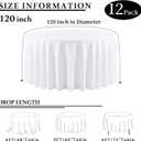 12 Packs 120 Inch White Round Tablecloth in Diameter, Washable Polyester Fabric Tablecloths, Wrinkle Resistant Table Cloth for Wedding Party Banquet Dining