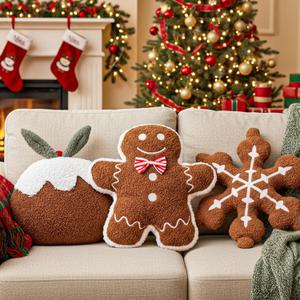 Chunful 3 Pcs Christmas Gingerbread Pillows Gingerbread Men Snowflake Pudding Shaped Plush Throw Pillows Cute Christmas Decoration for Xmas Winter Holiday Party Sofa Bed Couch Cushion Home Decor Gift