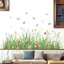 Green Grass Wall Stickers for Bedroom: Flowers Butterfly Wall Decals - Baby Gilrs Kids Nursery Living Room Office