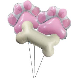 Dog Party Balloons with 2Pcs Pink Paw Shaped Mylar and 1Pcs Bone Shaped for Baby Shower Kids Birthday Pets Decoration