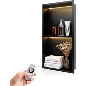 12" X 24" Stainless Steel Shower Niche, LED Shower Niche No Tile Needed with 3000K LED Warm Light Recessed Shower Wall Shelf for Bathroom Storage, with Remote Control, Matte Black