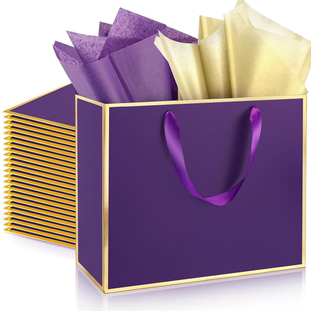 ReliThick 12 Pack 12 Pack Metallic Paper Gift Bag with Handles and Tissue Paper 11.8 x 10 x 4'' Thank You Favor Bag for Christmas Thanksgiving Wedding Bridesmaid 5 Senses Gifts (Dark Purple,Gold)
